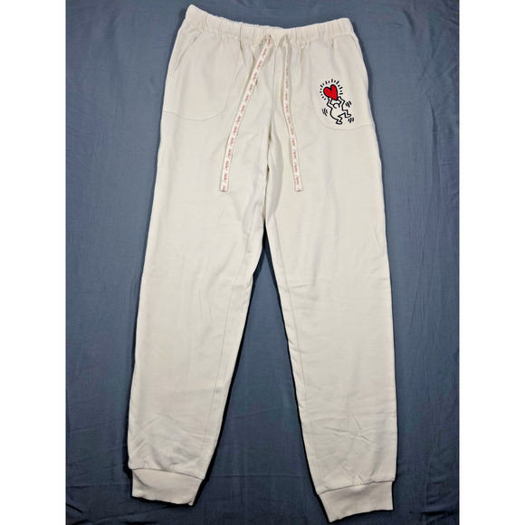 Keith Haring Pants - Keith Haring Jogger Lounge Pants Womens Small Cream Graphic Heart Sleepwear